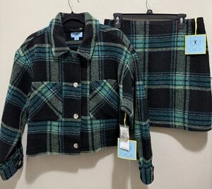 GREEN TARTAN PLAID MATCHING SET JACKET AND SKIRT
